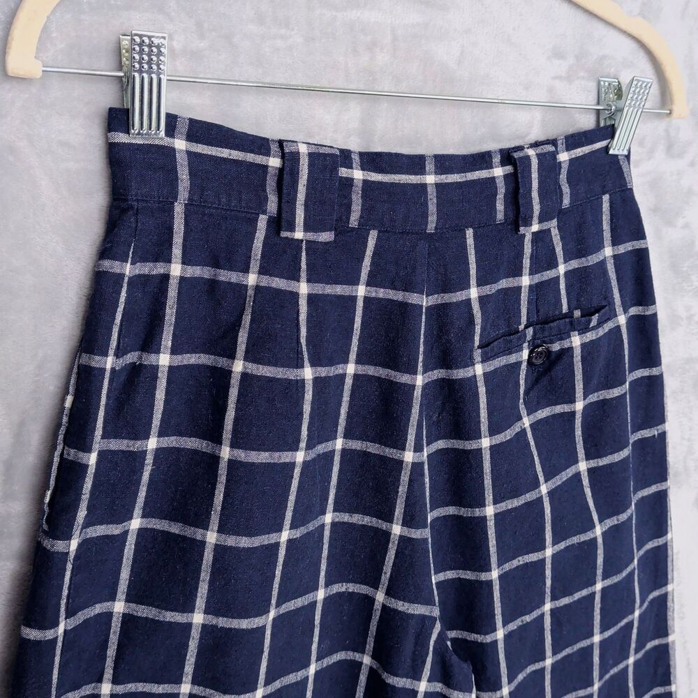 Vintage Blue Check Linen Blend Shorts Size 6 High Waisted 90s Preppy Nautical - Picture 5 of 7